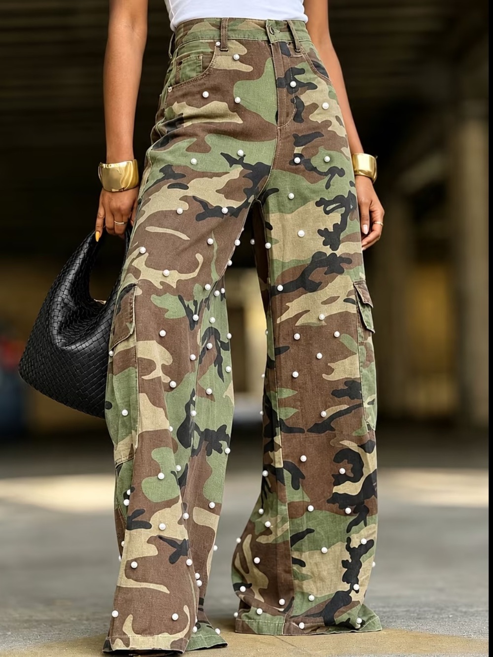 Women's High Waist Camo Cargo Wide Leg Pants - Pearl Studded Camouflage Trousers